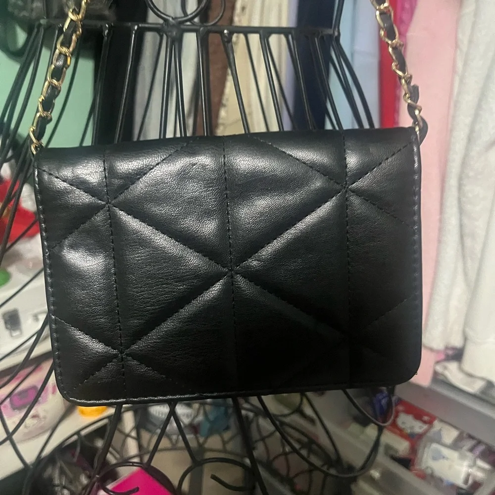 bebe Black Quilted Crossbody with Crystal Logo and Gold Chain - Picture 2 of 2